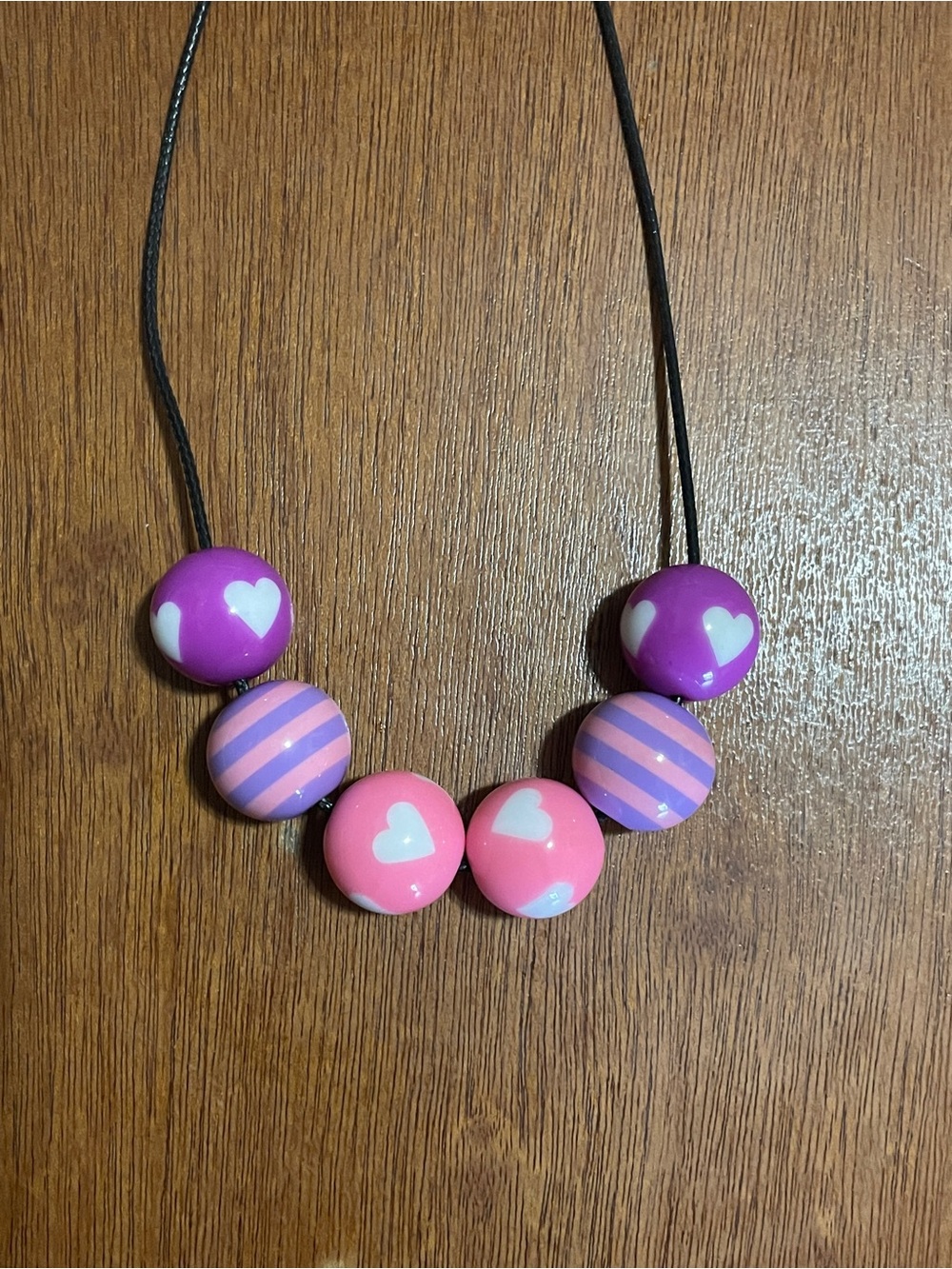 Bubblegum Chunky Bead Necklace 18” Cord Heart Stripe Purple Pink White